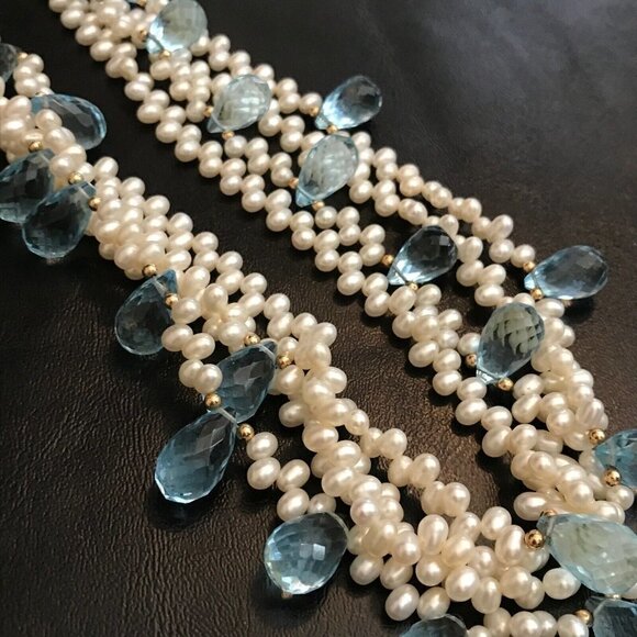 Genuine Multi-Strand Real Pearl Blue Faceted Crystal 14k Solid Gold Necklace - Picture 8 of 8